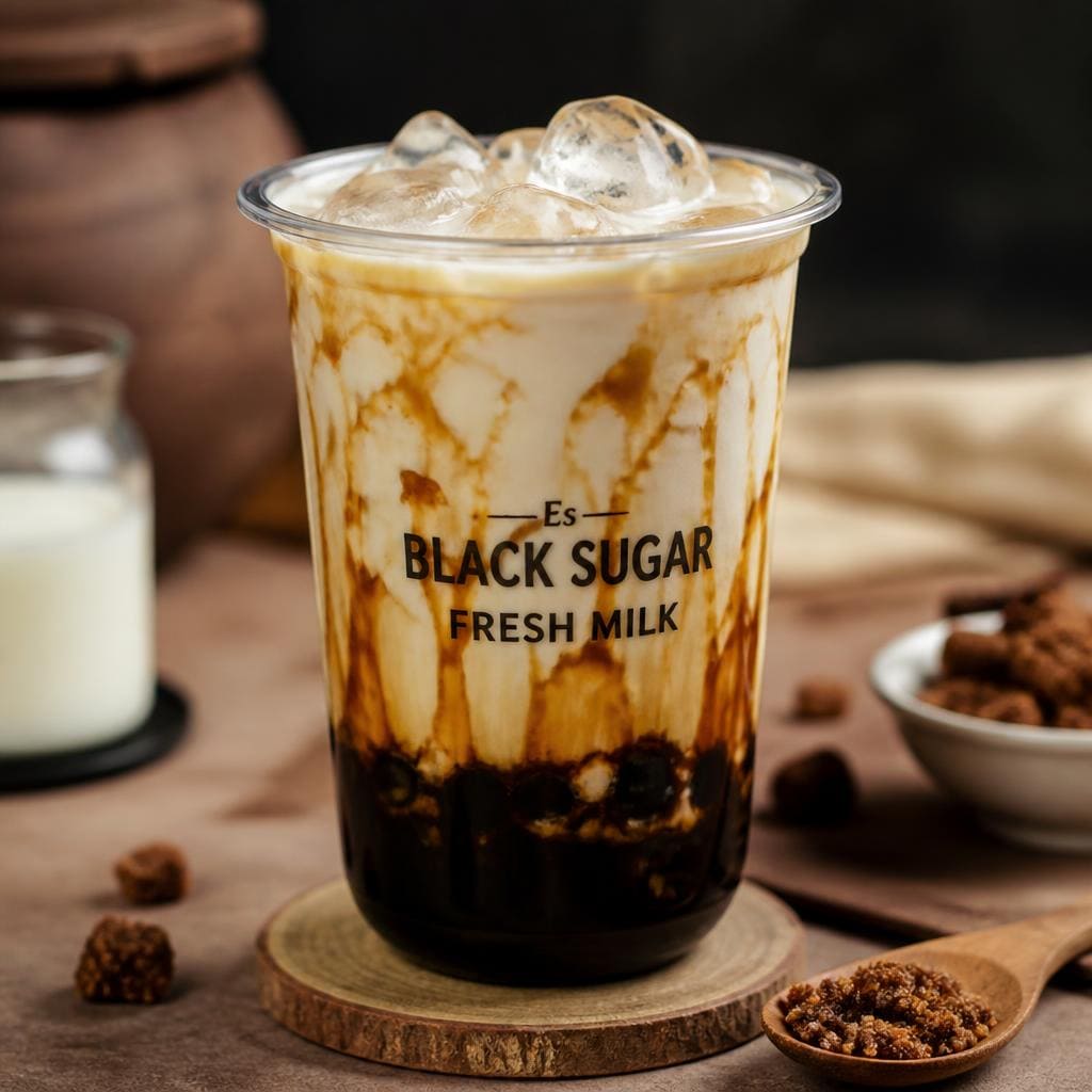 Es Black Sugar Fresh Milk Kopi Ruang Hati dengan susu dan gula aren